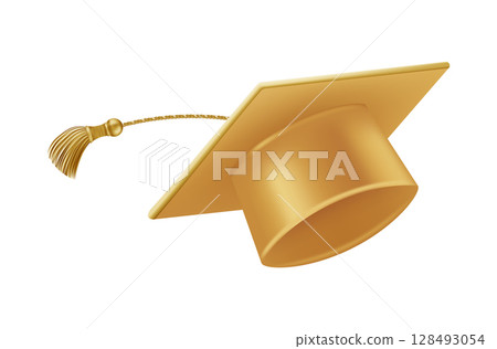 Graduates celebration. Flying golden graduate hats with tassels. 128493054