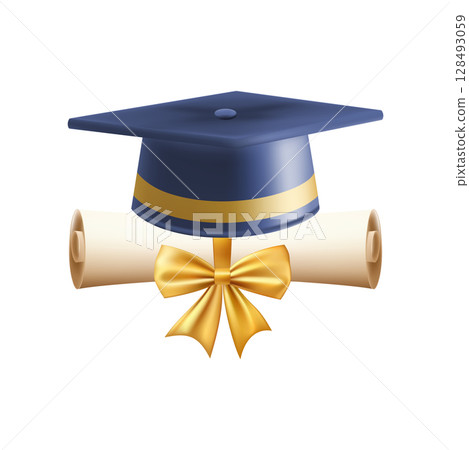 3d diploma scroll with graduate hat. Vintage roll paper 3d diploma scroll with graduate hat. Vintage roll paper 128493059