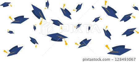 Graduates celebration. Flying black graduate hat border 128493067