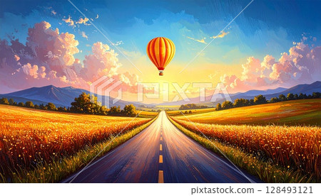 A hot air balloon is floating on the other side of the road 128493121