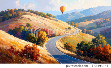 A hot air balloon is floating on the other side of the road 128493131