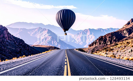 A hot air balloon is floating on the other side of the road 128493134