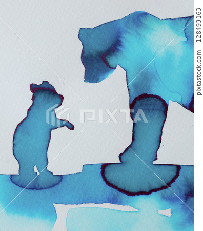 Blue ink artwork depicting a bear and cub in a whimsical interaction on a light background 128493163