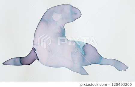 Artistic representation of a sea lion using watercolor ink techniques in calming hues 128493200