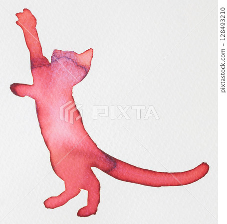 Red ink silhouette of a playful cat reaching for something in bright artistic design Red ink silhouette of a playful cat reaching for something in bright artistic design 128493210