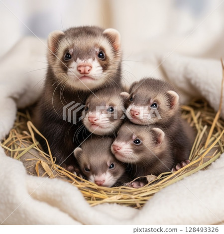 A cute ferret family huddled together in harmony | Pet healing 128493326