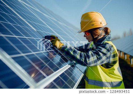 Solar panel technician woman with drill installing solar panels. Generative AI 128493451