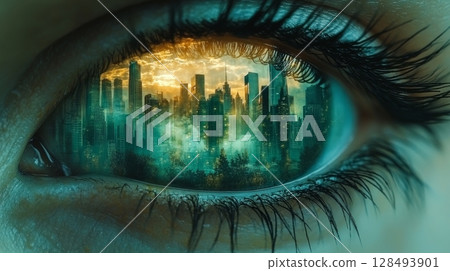 Eye reflecting futuristic cityscape at dawn, surreal concept 128493901