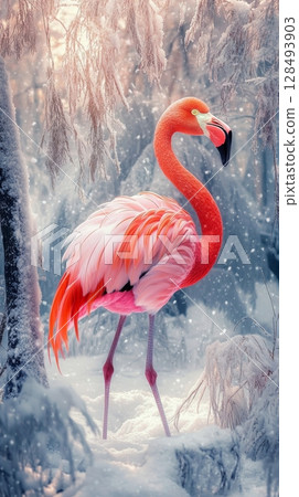 Flamingo in a snowy forest, vibrant contrast. Winter wildlife and nature concept 128493903