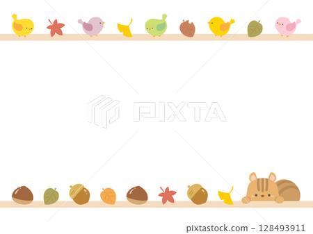 Cute autumn frame material, autumn leaves, squirrels and birds 128493911