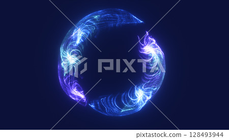 Abstract electric ring of bright blue strands glowing against a dark digital background Abstract electric ring of bright blue strands glowing against a dark digital background 128493944