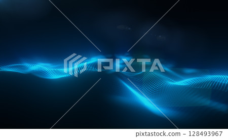Futuristic blue particle waves illustrating innovation, technology, and digital landscapes 128493967