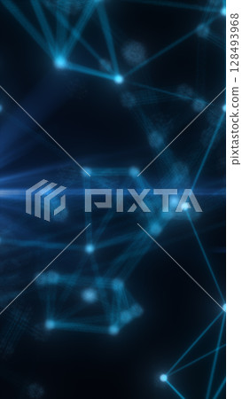 Abstract glowing digital web of connected nodes with radiant blue lines and a futuristic network pattern 128493968