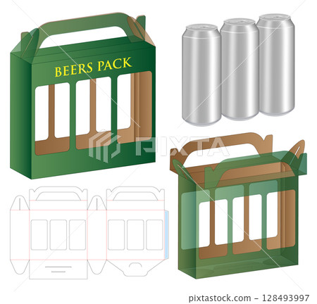 Beverage Cans Box Dieline Foldable Packaging Template with Handle and Window Beverage Cans Box Dieline Foldable Packaging Template with Handle and Window 128493997