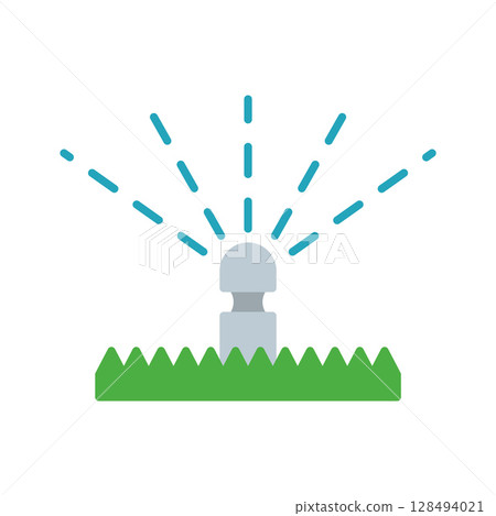 Flat icon of a lawn sprinkler watering grass 128494021