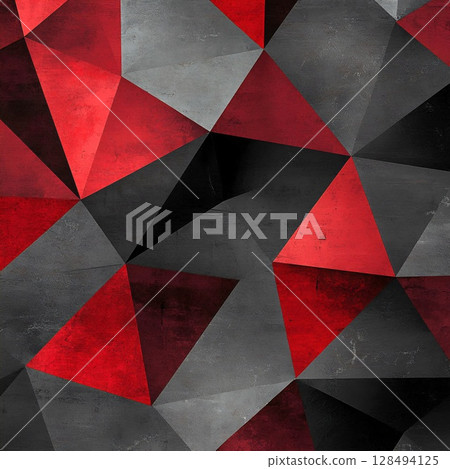 Geometric abstract background with polygonal shapes in red, black, and gray tones, featuring a textured and dimensional surface. Generative AI 128494125