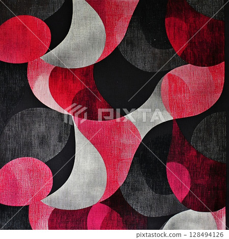 Abstract composition with translucent geometric shapes in red, gray, and black over a textured background, creating a sense of depth and motion. Generative AI 128494126