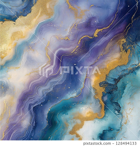 Abstract mineral texture with agate-like patterns in shades of blue, purple, and gold. Elegant marble-inspired artwork with shimmering highlights. Generative AI 128494133