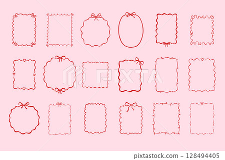 Set of whimsical hand drawn pink color frames with wavy squiggle curly ribbon and bow. Perfect for wedding, birthday or bachelorette party invitations Set of whimsical hand drawn pink color frames with wavy squiggle curly ribbon and bow. Perfect for wedding, birthday or bachelorette party invitations 128494405