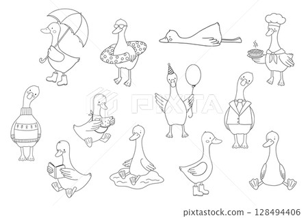 Cute baby goose with swimming ring, watermelon, umbrella. Funny cartoon outline bird illustration isolated on white background for childish coloring book, set Cute baby goose with swimming ring, watermelon, umbrella. Funny cartoon outline bird illustration isolated on white background for childish coloring book, set 128494406