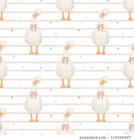 Seamless watercolor pattern with cute goose with bow on white striped background, hand drawn repeating backdrop for kids Seamless watercolor pattern with cute goose with bow on white striped background, hand drawn repeating backdrop for kids 128494407