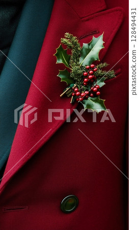 Festive red coat with holly sprig and berries, seasonal fashion detail. Holiday style and elegance concept 128494431