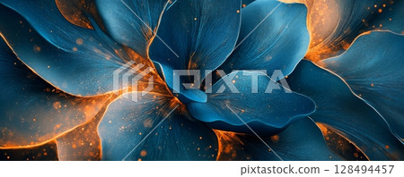 Abstract blue flower with orange sparks, vibrant macro photography. Nature and art concept 128494457
