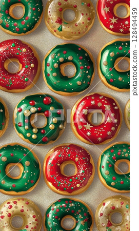 Festive donuts with colorful icing and sprinkles, top view. Holiday dessert and celebration concept 128494459