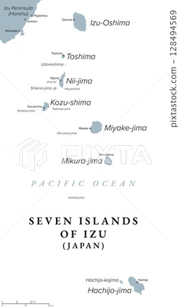 Seven Islands of Izu, Tokyo Prefecture, Japan, gray political map. The name comes from the fact that there were 7 main inhabited islands in the Izu Islands during the Edo period. Illustration. Vector Seven Islands of Izu, Tokyo Prefecture, Japan, gray political map. The name comes from the fact that there were 7 main inhabited islands in the Izu Islands during the Edo period. Illustration. Vector 128494569