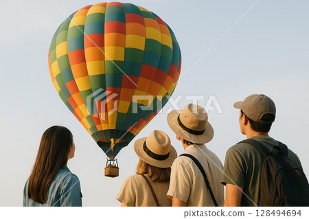 Colorful hot air balloons and tourists looking up at the sky 128494694