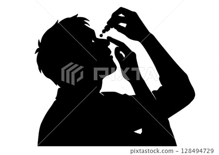一名男子將眼藥水滴入眼睛的輪廓 128494729