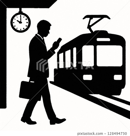Silhouette of a man in a suit waiting for a train on the platform 128494730