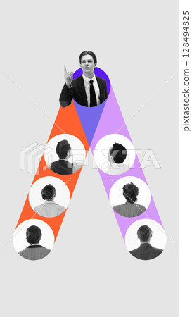 Conceptual collage of leader speaking to divided audience with raised hand gesture Conceptual collage of leader speaking to divided audience with raised hand gesture 128494825