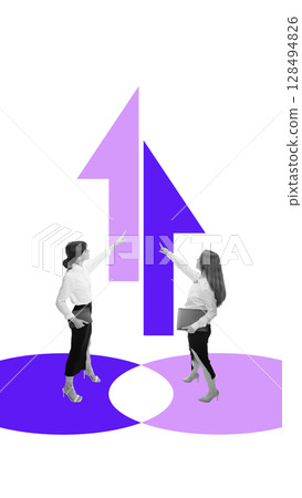Conceptual artwork of two businesswomen pointing upward at merging arrows with determination Conceptual artwork of two businesswomen pointing upward at merging arrows with determination 128494826