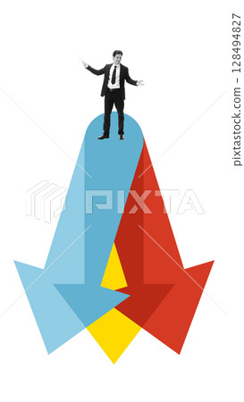Creative illustration of confident manager standing atop merging colored arrows 128494827