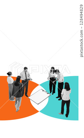 Collage of teams gathered around clipboard inside overlapping diagrams 128494829