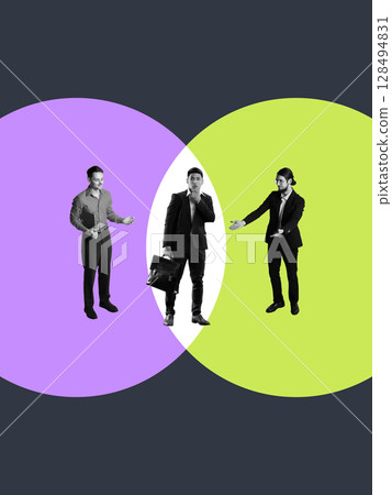 Collage of three businessmen standing on overlapping circles in corporate decision zone 128494831