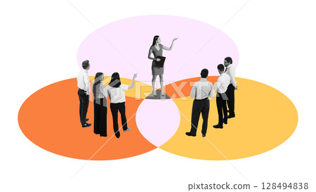 Composition of businesswoman presenting to two merging teams in overlapping diagram 128494838