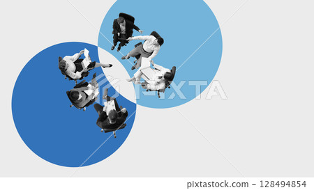 Conceptual collage of two employee groups meeting in overlapping circles as symbol of team integration Conceptual collage of two employee groups meeting in overlapping circles as symbol of team integration 128494854