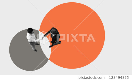Conceptual artwork of businessmen shaking hands in intersecting circles symbolizing merger integration Conceptual artwork of businessmen shaking hands in intersecting circles symbolizing merger integration 128494855