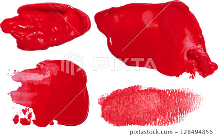 Several strokes and blots of bright red thick paint of various shapes and textures on an isolated background Several strokes and blots of bright red thick paint of various shapes and textures on an isolated background 128494856