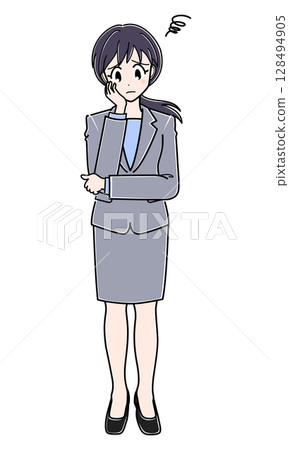一位身穿西裝、表情困擾的辦公室女士 一位身穿西裝、表情困擾的辦公室女士 128494905