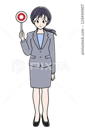 An office lady in a suit holding a round bill An office lady in a suit holding a round bill 128494907