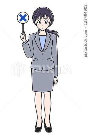 An office lady in a suit holding a badge 128494908