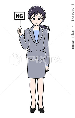 An office lady in a suit holding a "NG" sign 128494911