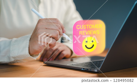 Customer select a happy face icon from a feedback. Business concept of customer service satisfaction, testimonial review, and positive user experience in an online feedback system. Customer select a happy face icon from a feedback. Business concept of customer service satisfaction, testimonial review, and positive user experience in an online feedback system. 128495082