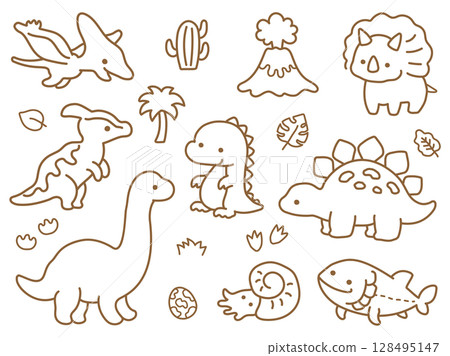 Cute dinosaur illustration set, brown line drawing 128495147