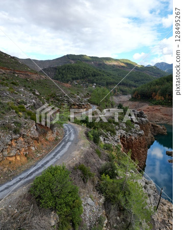 Turquoise River Gorge bridge drone view Turquoise River Gorge bridge drone view 128495267