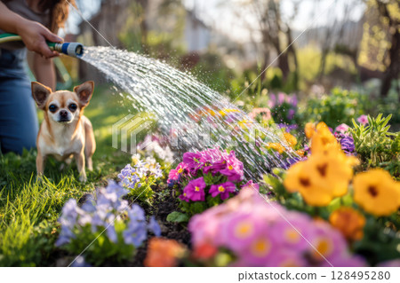 奇瓦瓦和草園裡盛開的花 奇瓦瓦和草園裡盛開的花 128495280