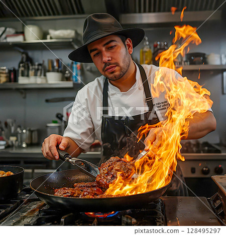 Charm in cooking. A chef in a professional kitchen, wearing a white chef's jacket and a black apron, skillfully processes a piece of meat in a frying pan. Charm in cooking. A chef in a professional kitchen, wearing a white chef's jacket and a black apron, skillfully processes a piece of meat in a frying pan. 128495297